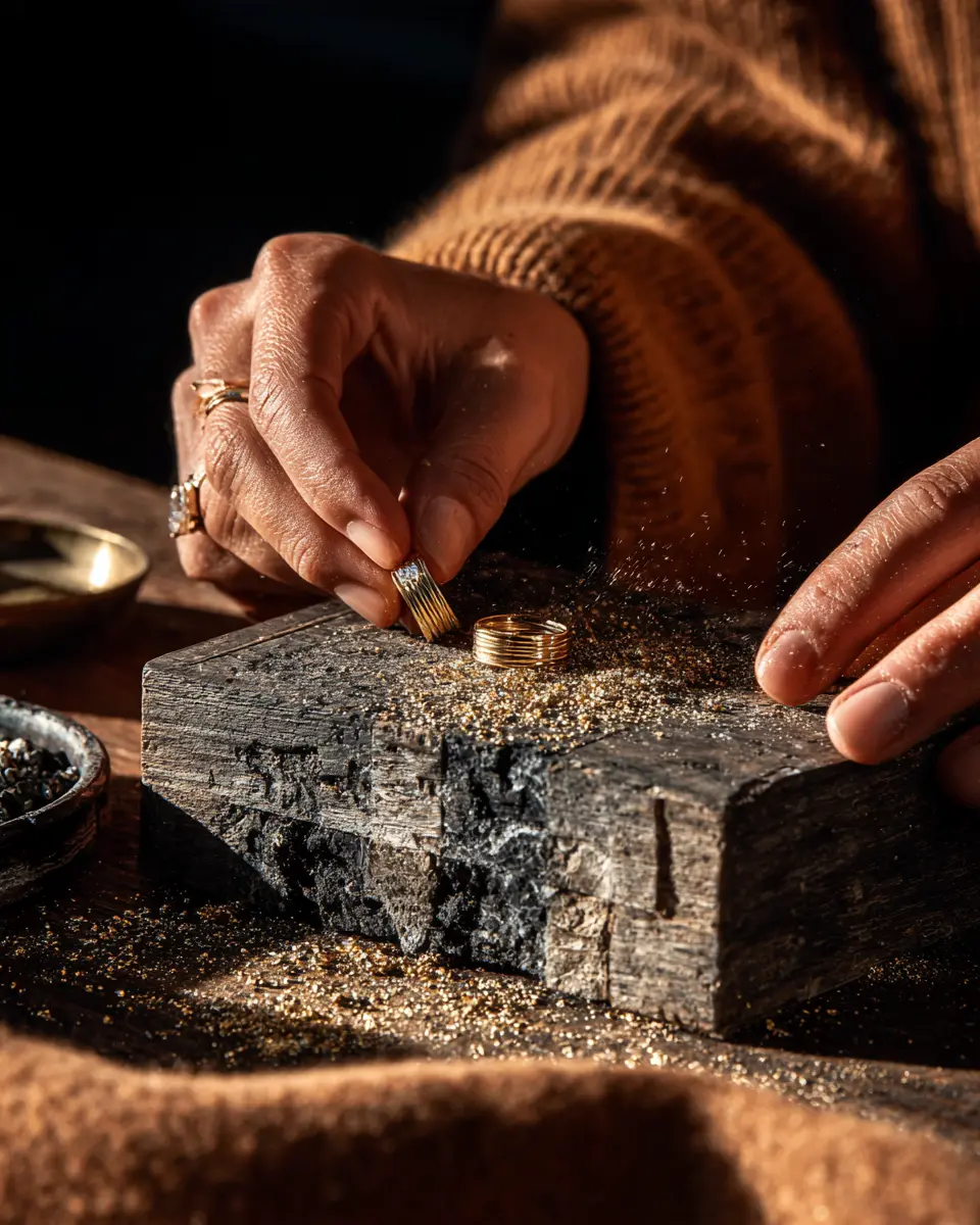 A jeweler filing a gold ring at the bench