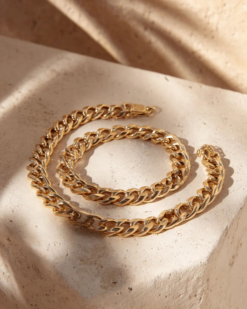 Solid gold Cuban link chain coiled on ivory