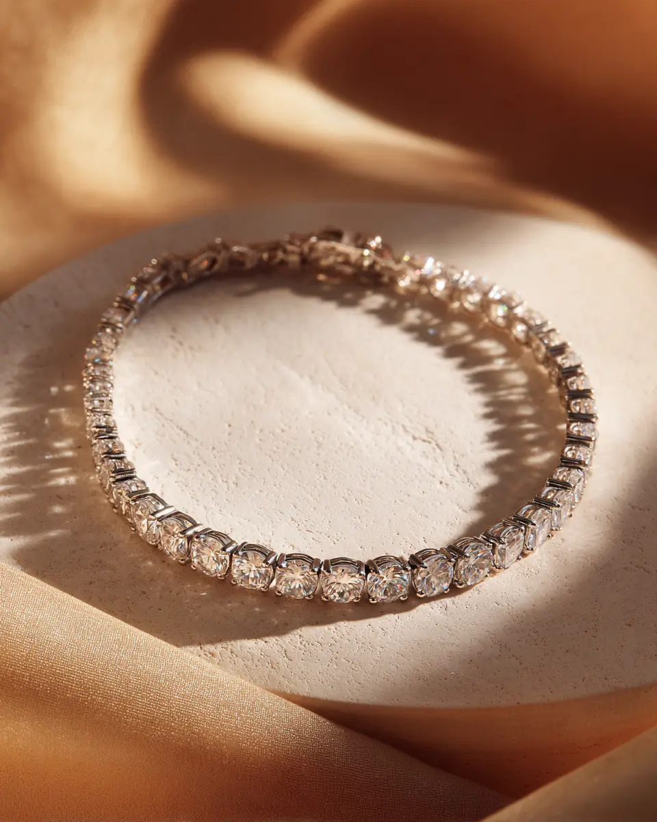 Lab-grown diamond tennis bracelet laid in an arc