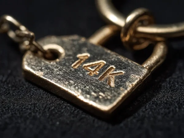 Macro of a gold clasp tag stamped with a purity mark