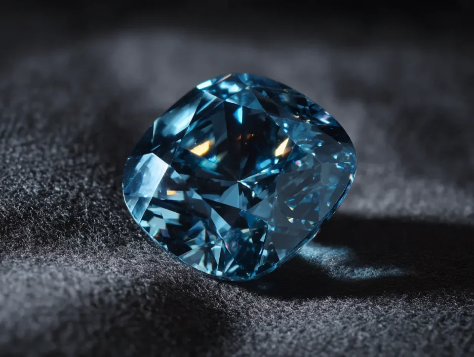 An imagined large cushion-cut blue gemstone on black velvet, not a replica of any named diamond