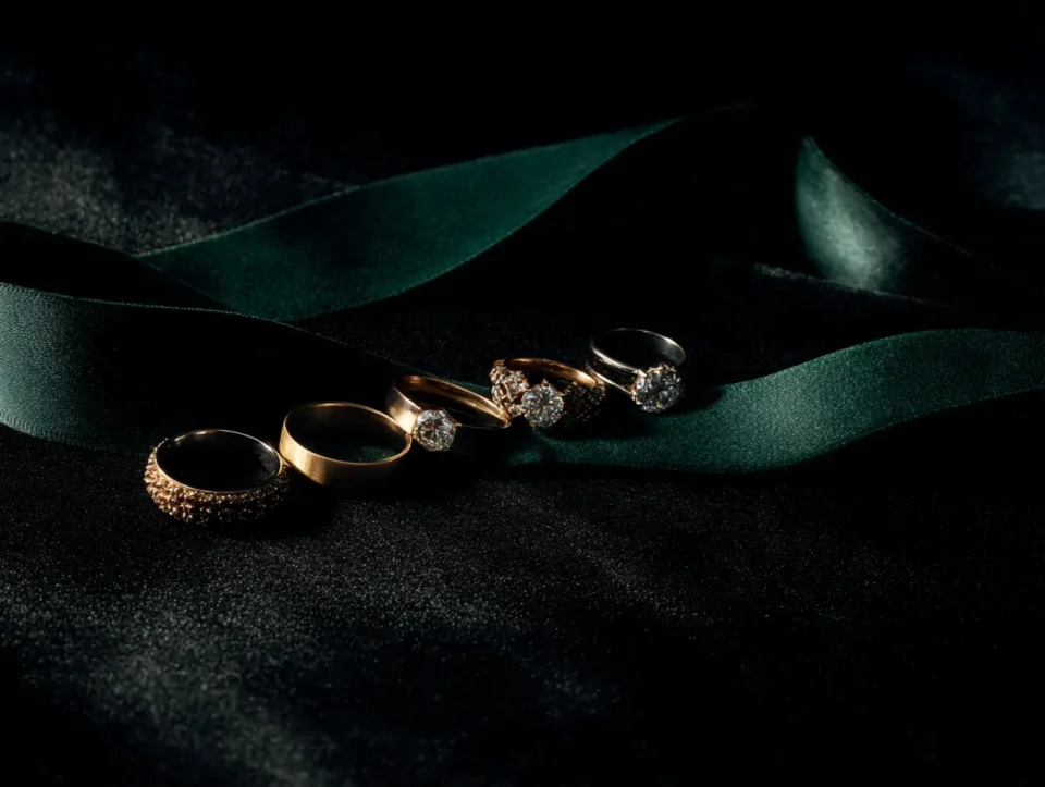 Five fine gold and lab-grown diamond pieces spaced on black, with a deep green velvet ribbon